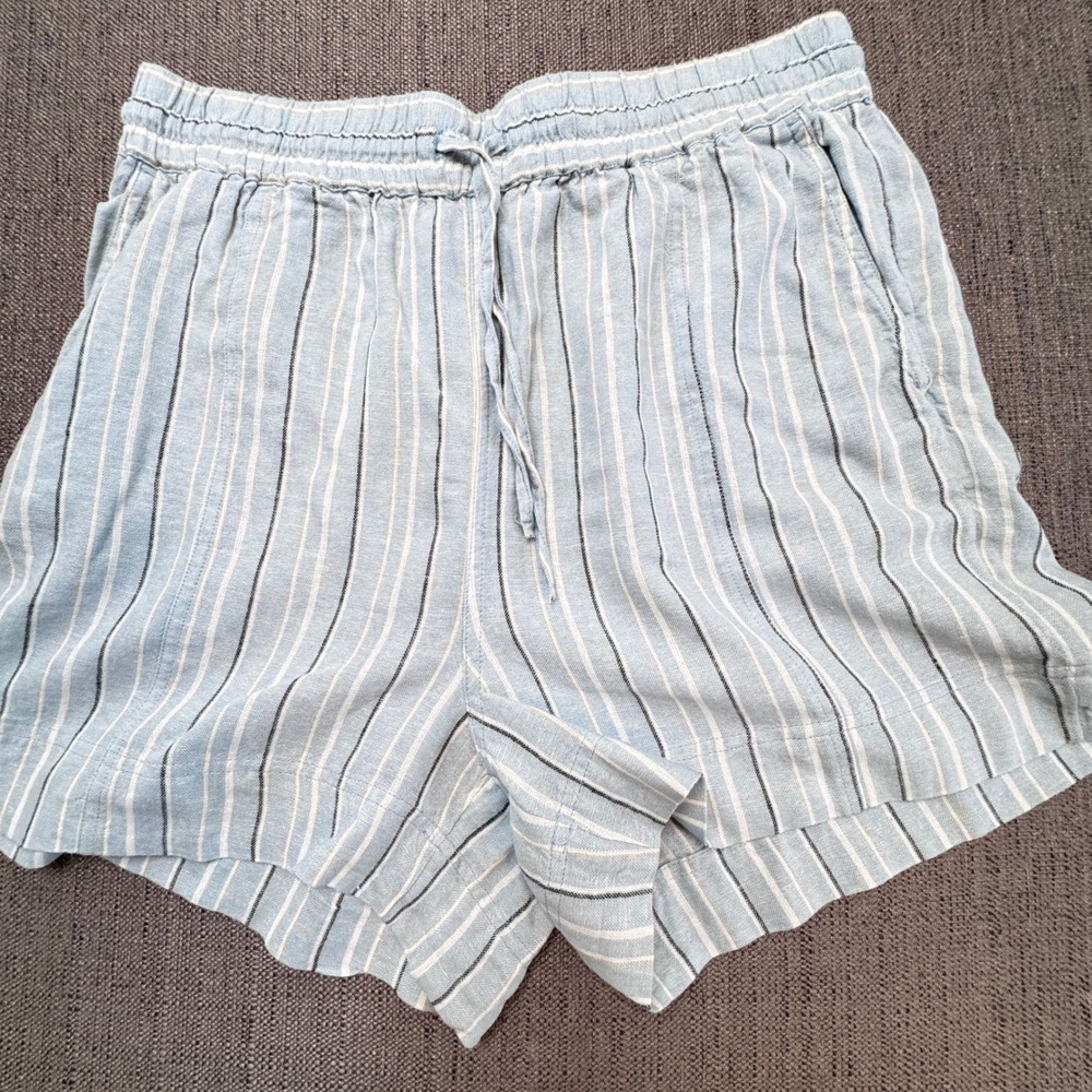 Dip Womens Large Blue White Striped Linen Blend Drawstring Elastic Waist Shorts